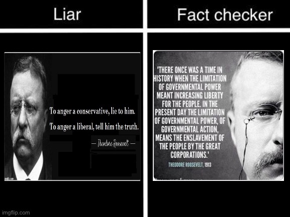 Quote on the left: Invented, retrofitted words stuffed in TR’s mouth. | image tagged in liar vs fact checker | made w/ Imgflip meme maker