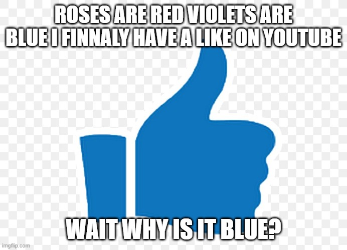 Why??? | ROSES ARE RED VIOLETS ARE BLUE I FINNALY HAVE A LIKE ON YOUTUBE; WAIT WHY IS IT BLUE? | image tagged in youtube,lol so funny | made w/ Imgflip meme maker