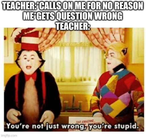 You're not just wrong your stupid | TEACHER:*CALLS ON ME FOR NO REASON
ME*GETS QUESTION WRONG
TEACHER: | image tagged in you're not just wrong your stupid | made w/ Imgflip meme maker