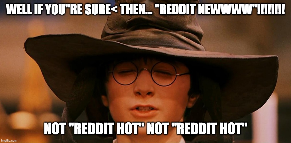 Sorting hat | WELL IF YOU"RE SURE< THEN... "REDDIT NEWWWW"!!!!!!!! NOT "REDDIT HOT" NOT "REDDIT HOT" | image tagged in sorting hat | made w/ Imgflip meme maker