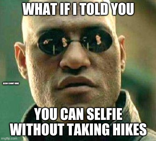 What if i told you | WHAT IF I TOLD YOU YOU CAN SELFIE WITHOUT TAKING HIKES ALSO I DONT HIKE | image tagged in what if i told you | made w/ Imgflip meme maker