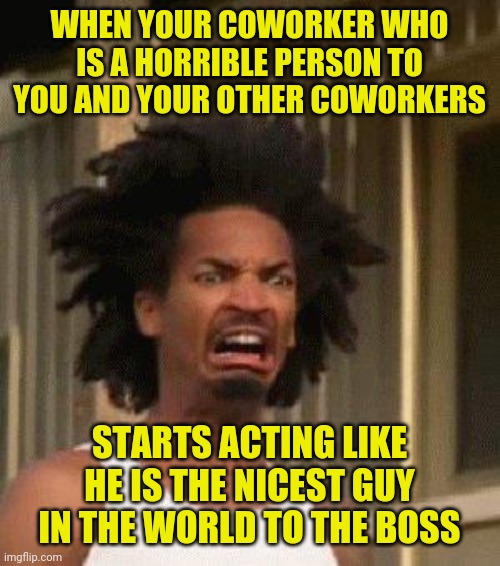 when you coworker who is normally a horrible person to you and your other coworkers acts like he is the nocest person in the wor | WHEN YOUR COWORKER WHO IS A HORRIBLE PERSON TO YOU AND YOUR OTHER COWORKERS; STARTS ACTING LIKE HE IS THE NICEST GUY IN THE WORLD TO THE BOSS | image tagged in disgusted face,bad coworker,coworker,work,boss,meme | made w/ Imgflip meme maker