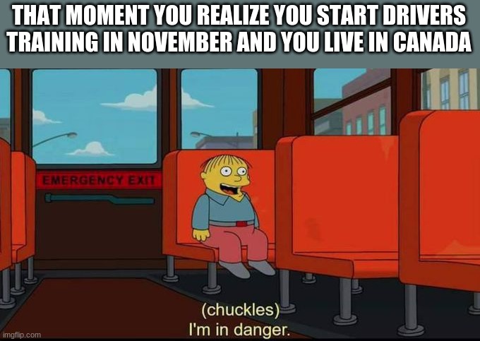 im in danger | THAT MOMENT YOU REALIZE YOU START DRIVERS TRAINING IN NOVEMBER AND YOU LIVE IN CANADA | image tagged in im in danger | made w/ Imgflip meme maker