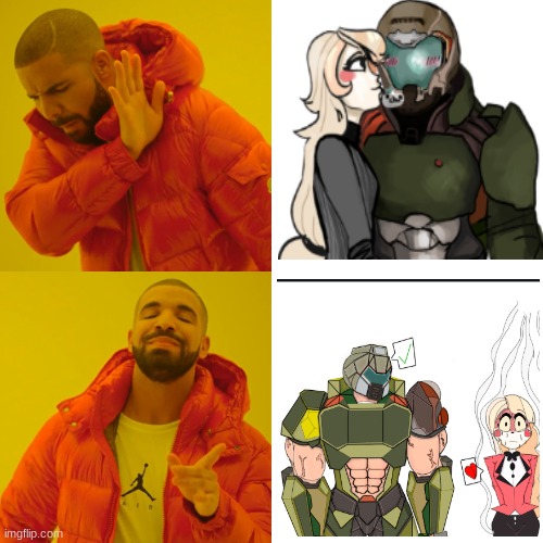 doomguy and charlie.......i ship you!! | image tagged in memes,drake hotline bling | made w/ Imgflip meme maker