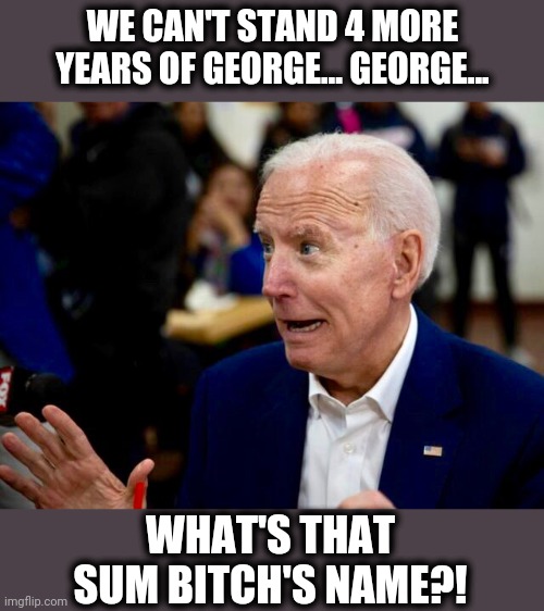 Dems are totally disrespecting America running this senile creep! | WE CAN'T STAND 4 MORE YEARS OF GEORGE... GEORGE... WHAT'S THAT SUM BITCH'S NAME?! | image tagged in memes,stupid liberals,election 2020,joe biden,senile creep,george w bush | made w/ Imgflip meme maker