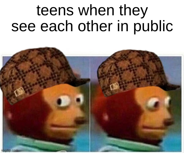 it is true | teens when they see each other in public | image tagged in memes,monkey puppet,swag,hat | made w/ Imgflip meme maker