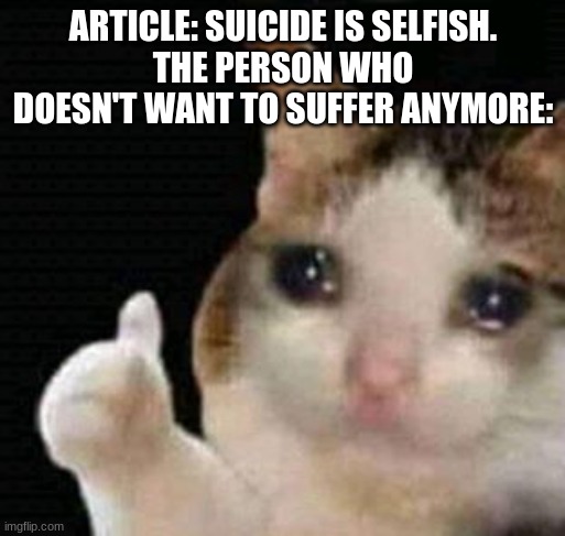 sad thumbs up cat | ARTICLE: SUICIDE IS SELFISH.
THE PERSON WHO DOESN'T WANT TO SUFFER ANYMORE: | image tagged in sad thumbs up cat | made w/ Imgflip meme maker