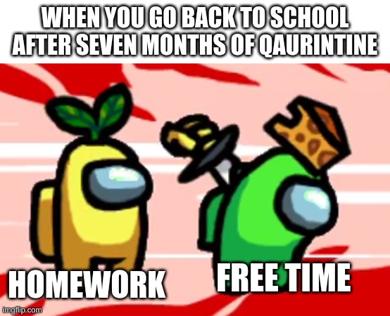 Among Us Stab | WHEN YOU GO BACK TO SCHOOL AFTER SEVEN MONTHS OF QAURINTINE; FREE TIME; HOMEWORK | image tagged in among us stab | made w/ Imgflip meme maker