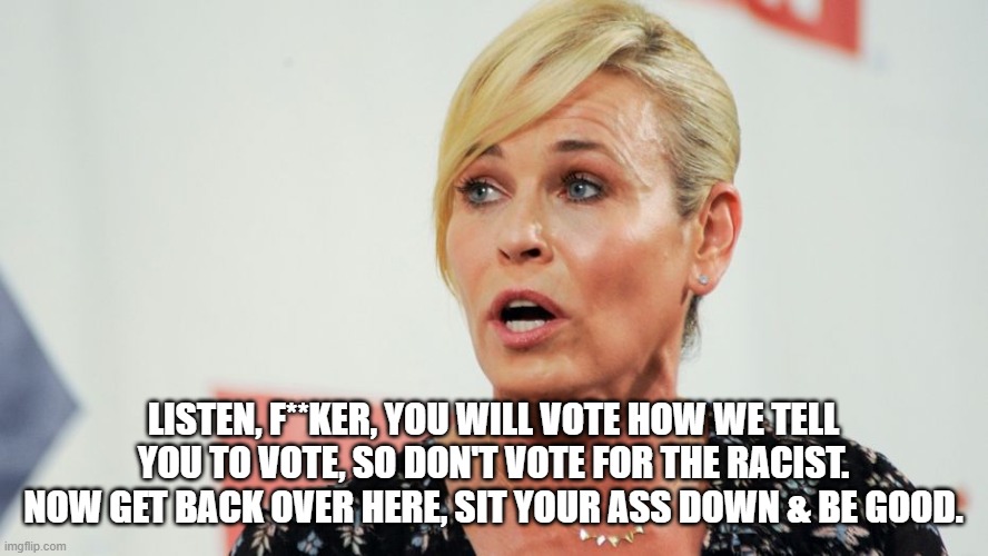 Stupid People Chelsea Handler | LISTEN, F**KER, YOU WILL VOTE HOW WE TELL YOU TO VOTE, SO DON'T VOTE FOR THE RACIST.
NOW GET BACK OVER HERE, SIT YOUR ASS DOWN & BE GOOD. | image tagged in stupid people chelsea handler | made w/ Imgflip meme maker