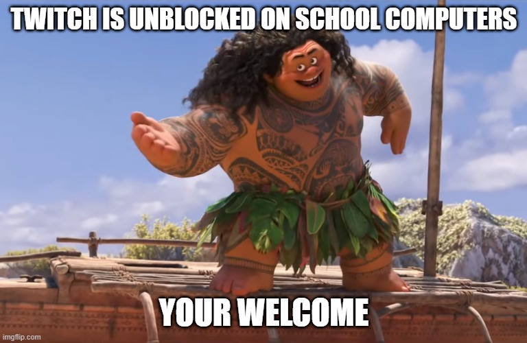 UNBLOCKED BTW | TWITCH IS UNBLOCKED ON SCHOOL COMPUTERS; YOUR WELCOME | image tagged in you're welcome without subs | made w/ Imgflip meme maker