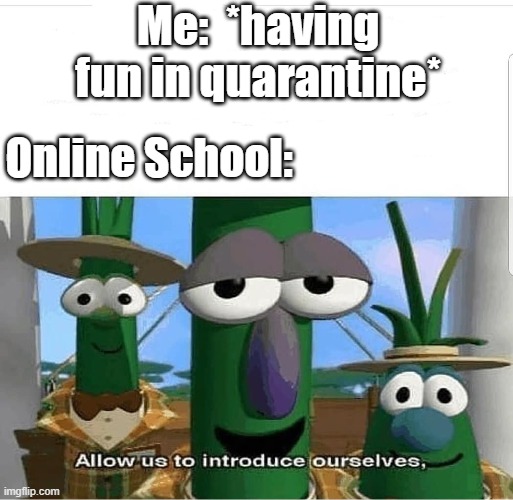 Allow us to introduce ourselves | Me:  *having fun in quarantine*; Online School: | image tagged in allow us to introduce ourselves | made w/ Imgflip meme maker