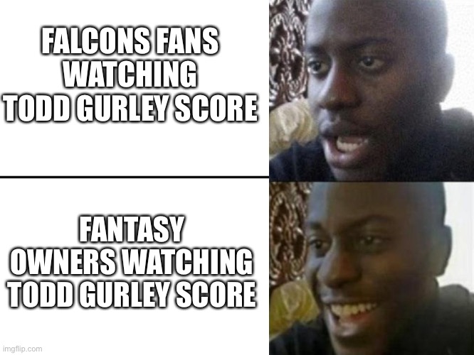 Oh the Falcons | FALCONS FANS WATCHING TODD GURLEY SCORE; FANTASY OWNERS WATCHING TODD GURLEY SCORE | image tagged in reversed disappointed black man,atlanta falcons,nfl,nfl memes,nfl football | made w/ Imgflip meme maker