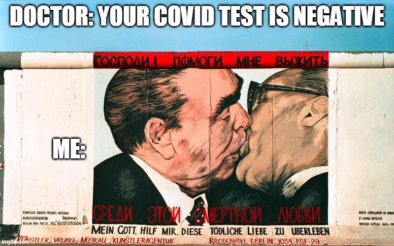 When your COVID Test is negative | DOCTOR: YOUR COVID TEST IS NEGATIVE; ME: | image tagged in socialistic fraternal kiss | made w/ Imgflip meme maker
