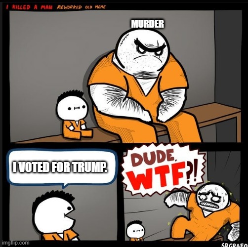 oh no.. | MURDER; I VOTED FOR TRUMP. | image tagged in srgrafo dude wtf | made w/ Imgflip meme maker