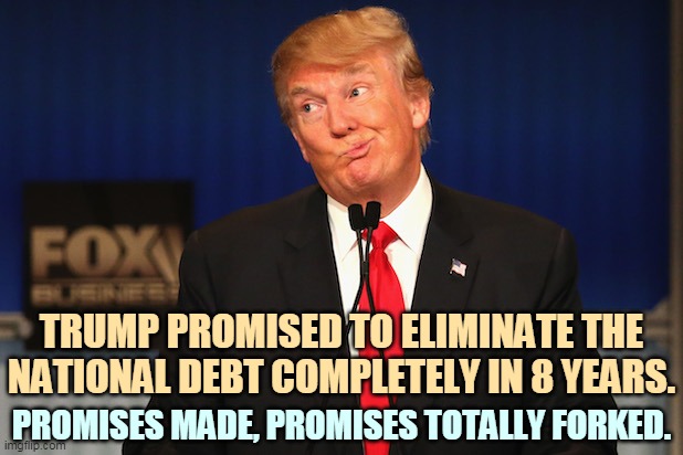 The national debt went thataway. Who listens to this guy? |  TRUMP PROMISED TO ELIMINATE THE NATIONAL DEBT COMPLETELY IN 8 YEARS. PROMISES MADE, PROMISES TOTALLY FORKED. | image tagged in trump confused,trump,promises,broken,national debt | made w/ Imgflip meme maker