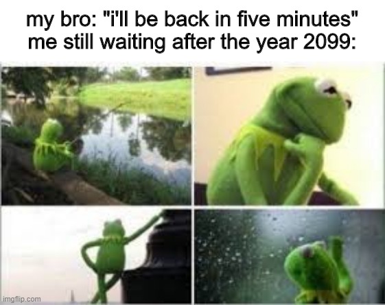 he said he'll be back in five minutes... | my bro: "i'll be back in five minutes"
me still waiting after the year 2099: | image tagged in waiting kermit | made w/ Imgflip meme maker