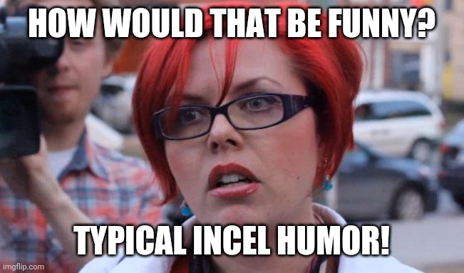 Angry Feminist | HOW WOULD THAT BE FUNNY? TYPICAL INCEL HUMOR! | image tagged in angry feminist,memes | made w/ Imgflip meme maker