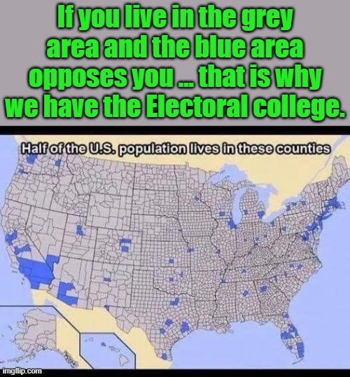 The more you know and this is why we do not go by popular vote, so we all have a say. | If you live in the grey area and the blue area opposes you ... that is why we have the Electoral college. | image tagged in electoral college,the more you know,political meme | made w/ Imgflip meme maker