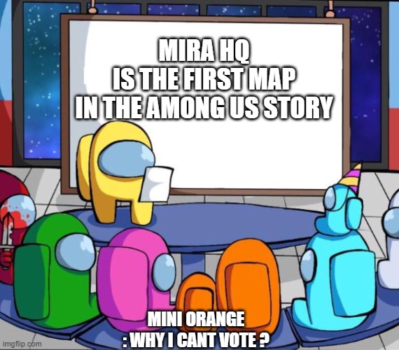 thats the truth | MIRA HQ
IS THE FIRST MAP
IN THE AMONG US STORY; MINI ORANGE : WHY I CANT VOTE ? | image tagged in among us presentation | made w/ Imgflip meme maker