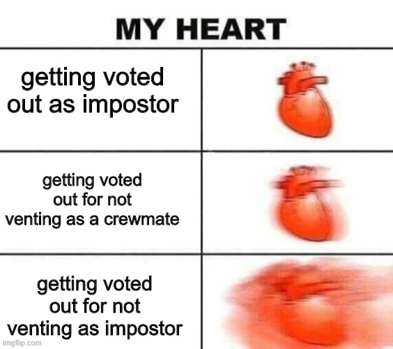 public games | getting voted out as impostor; getting voted out for not venting as a crewmate; getting voted out for not venting as impostor | image tagged in my heart blank,among us,game | made w/ Imgflip meme maker