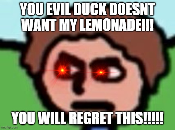 Annoyed | YOU EVIL DUCK DOESNT WANT MY LEMONADE!!! YOU WILL REGRET THIS!!!!! | image tagged in annoyed | made w/ Imgflip meme maker