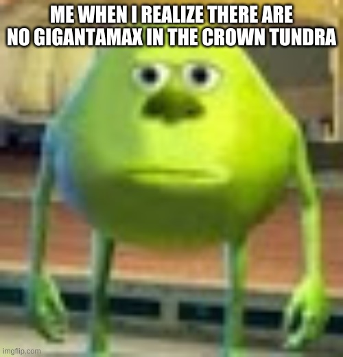 Gamefreak, just take put more effort into your game | ME WHEN I REALIZE THERE ARE NO GIGANTAMAX IN THE CROWN TUNDRA | image tagged in sully wazowski | made w/ Imgflip meme maker