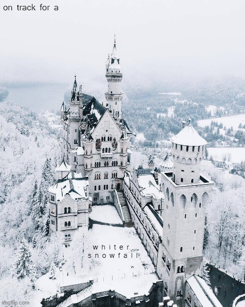 #winteriscoming | on track for a; w h i t e r  s n o w f a l l | image tagged in majestic castle winter,snow,castle | made w/ Imgflip meme maker