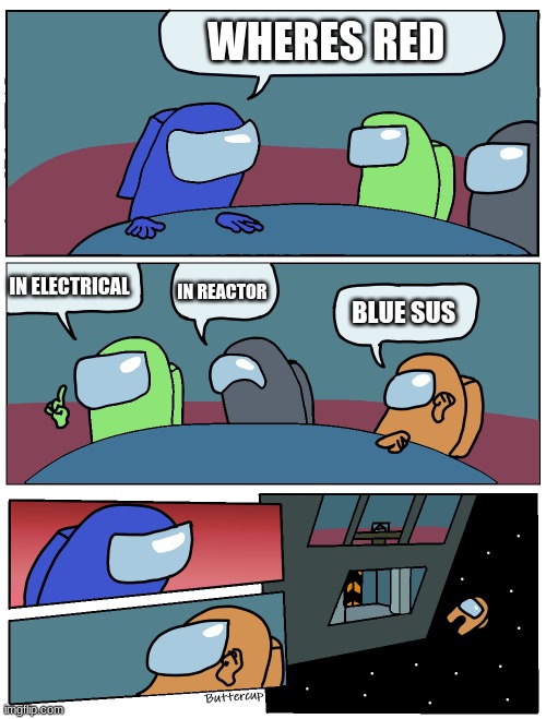 Among Us Meeting | WHERES RED; IN ELECTRICAL; IN REACTOR; BLUE SUS | image tagged in among us meeting | made w/ Imgflip meme maker