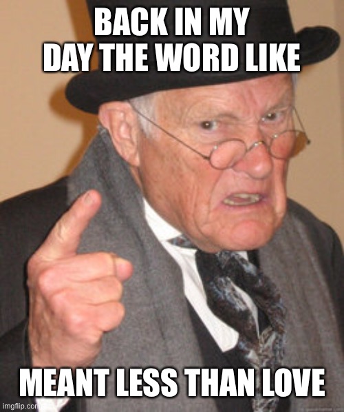 Back In My Day Meme | BACK IN MY DAY THE WORD LIKE MEANT LESS THAN LOVE | image tagged in memes,back in my day | made w/ Imgflip meme maker