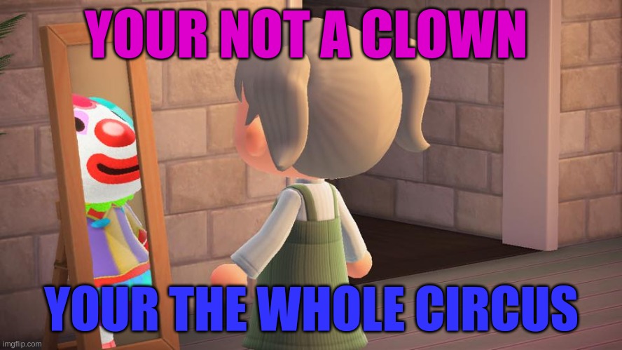 Animal crossing mirror clown | YOUR NOT A CLOWN; YOUR THE WHOLE CIRCUS | image tagged in animal crossing mirror clown,animal crossing,villager,clown,memes,funny memes | made w/ Imgflip meme maker