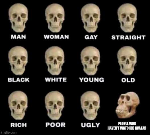 man woman gay straight skull | PEOPLE WHO HAVEN'T WATCHED AVATAR | image tagged in man woman gay straight skull | made w/ Imgflip meme maker