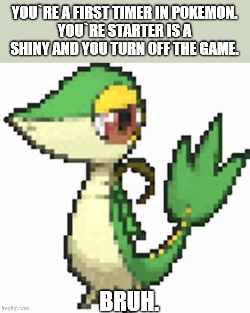 Seriously Face Snivy | YOU`RE A FIRST TIMER IN POKEMON.
YOU`RE STARTER IS A SHINY AND YOU TURN OFF THE GAME. BRUH. | image tagged in seriously face snivy | made w/ Imgflip meme maker