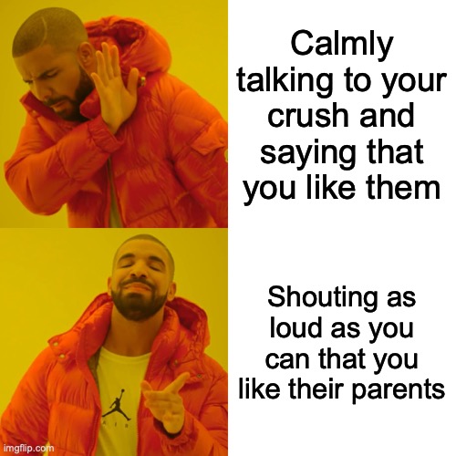 lol | Calmly talking to your crush and saying that you like them; Shouting as loud as you can that you like their parents | image tagged in memes,drake hotline bling,crush | made w/ Imgflip meme maker