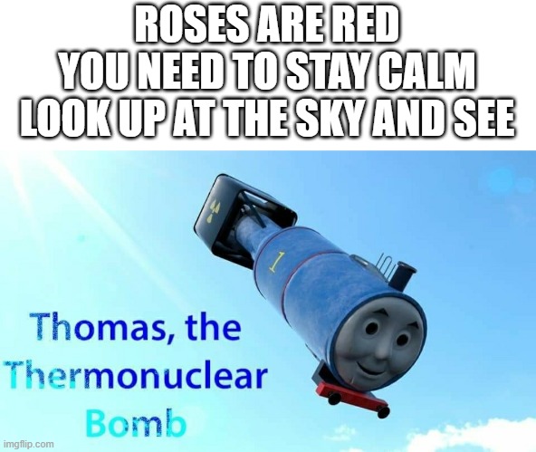 thomas the thermonuclear bomb | ROSES ARE RED
YOU NEED TO STAY CALM
LOOK UP AT THE SKY AND SEE | image tagged in thomas the thermonuclear bomb | made w/ Imgflip meme maker