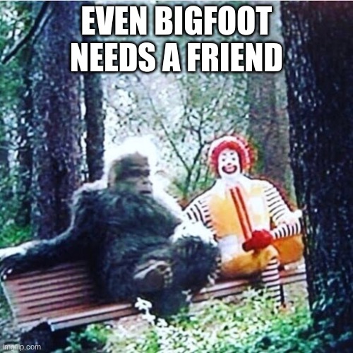 Everybody needs a friend | EVEN BIGFOOT NEEDS A FRIEND | image tagged in funny memes,cursed image | made w/ Imgflip meme maker
