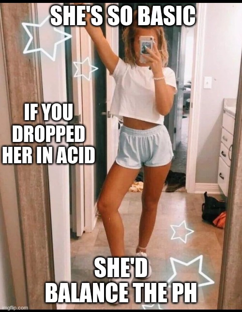 Basic girl | SHE'S SO BASIC; IF YOU DROPPED HER IN ACID; SHE'D BALANCE THE PH | image tagged in funny memes | made w/ Imgflip meme maker