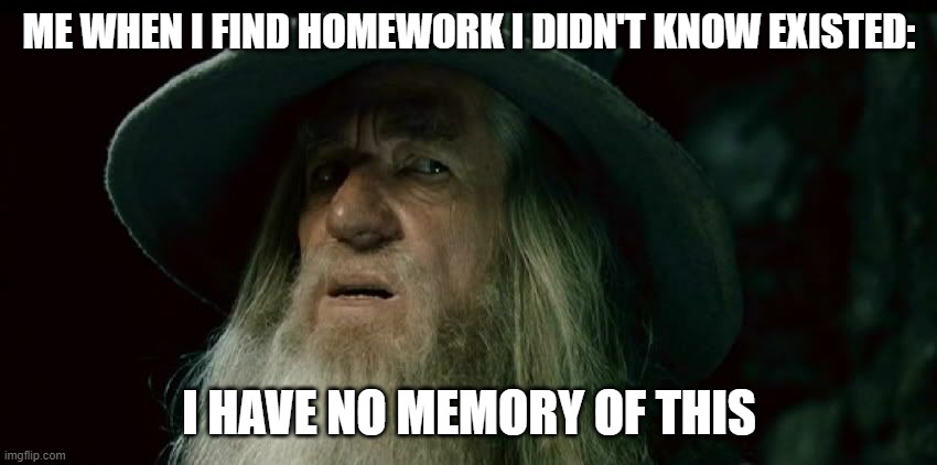 CONFUSED GANDALF | ME WHEN I FIND HOMEWORK I DIDN'T KNOW EXISTED:; I HAVE NO MEMORY OF THIS | image tagged in confused gandalf | made w/ Imgflip meme maker