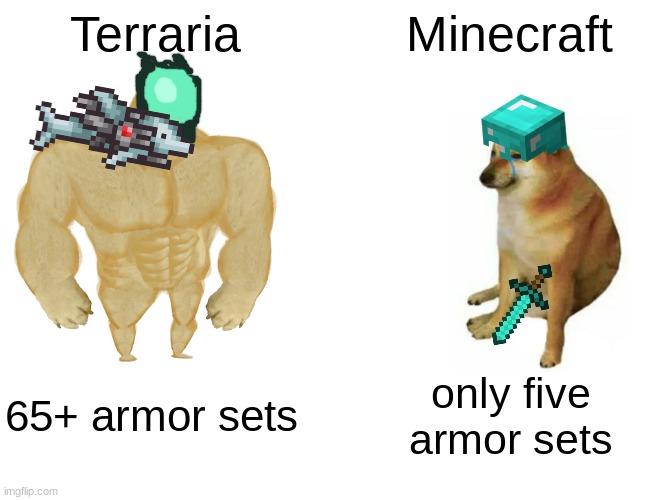 Terra v MC | Terraria; Minecraft; 65+ armor sets; only five armor sets | image tagged in memes,buff doge vs cheems | made w/ Imgflip meme maker