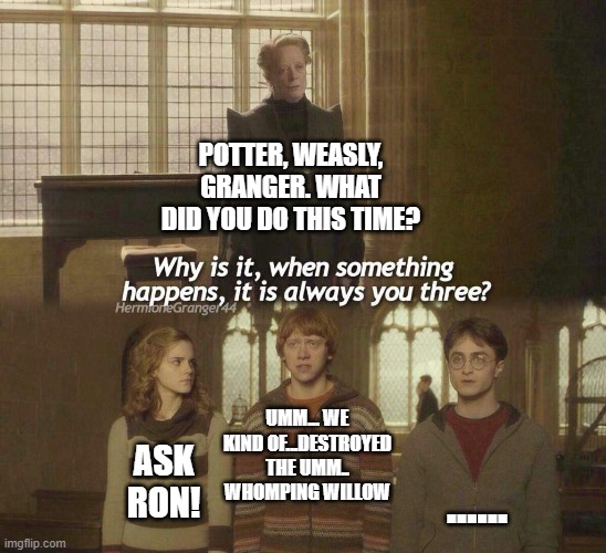 Ron destroys whomping willow | POTTER, WEASLY, GRANGER. WHAT DID YOU DO THIS TIME? UMM... WE KIND OF...DESTROYED THE UMM.. WHOMPING WILLOW; ASK RON! ...... | image tagged in why is it when something happens it is always you three | made w/ Imgflip meme maker