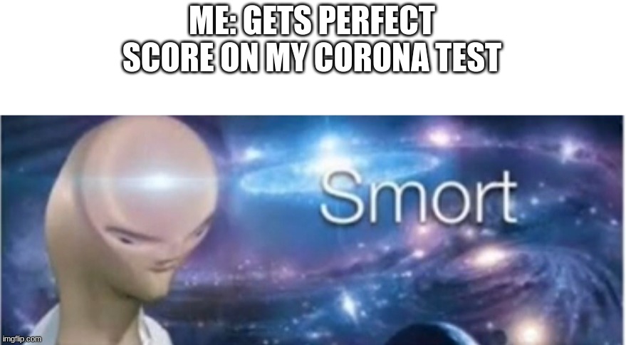 Smort |  ME: GETS PERFECT SCORE ON MY CORONA TEST | image tagged in meme man smort | made w/ Imgflip meme maker