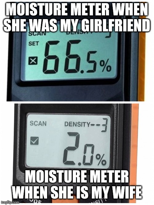 Marriage in a nutshell | MOISTURE METER WHEN SHE WAS MY GIRLFRIEND; MOISTURE METER WHEN SHE IS MY WIFE | image tagged in intelligent moisture meter | made w/ Imgflip meme maker