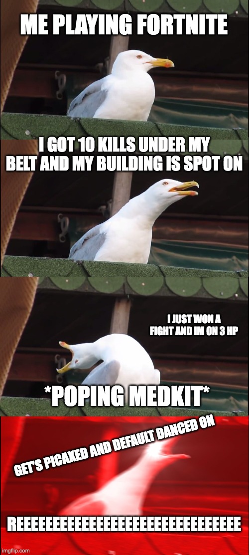 Inhaling Seagull Meme | ME PLAYING FORTNITE; I GOT 10 KILLS UNDER MY BELT AND MY BUILDING IS SPOT ON; I JUST WON A FIGHT AND IM ON 3 HP; *POPING MEDKIT*; GET'S PICAXED AND DEFAULT DANCED ON; REEEEEEEEEEEEEEEEEEEEEEEEEEEEEEE | image tagged in memes,inhaling seagull | made w/ Imgflip meme maker