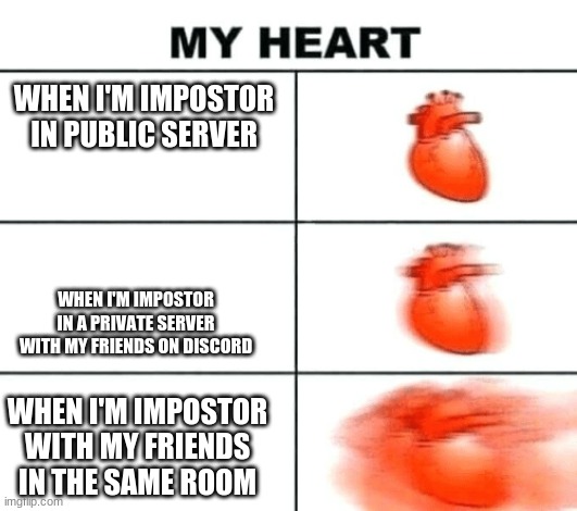 Among Us Heart rate | WHEN I'M IMPOSTOR IN PUBLIC SERVER; WHEN I'M IMPOSTOR IN A PRIVATE SERVER WITH MY FRIENDS ON DISCORD; WHEN I'M IMPOSTOR WITH MY FRIENDS IN THE SAME ROOM | image tagged in heart rate | made w/ Imgflip meme maker