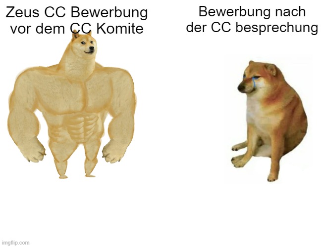 Buff Doge vs. Cheems Meme |  Zeus CC Bewerbung vor dem CC Komite; Bewerbung nach der CC besprechung | image tagged in memes,buff doge vs cheems | made w/ Imgflip meme maker