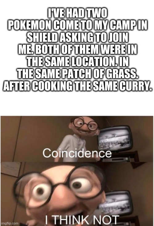 HMMMMMMMMMMMMMMMMMMMMM | I'VE HAD TWO POKEMON COME TO MY CAMP IN SHIELD ASKING TO JOIN ME. BOTH OF THEM WERE IN THE SAME LOCATION. IN THE SAME PATCH OF GRASS. AFTER COOKING THE SAME CURRY. | image tagged in blank white template,coincidence i think not | made w/ Imgflip meme maker