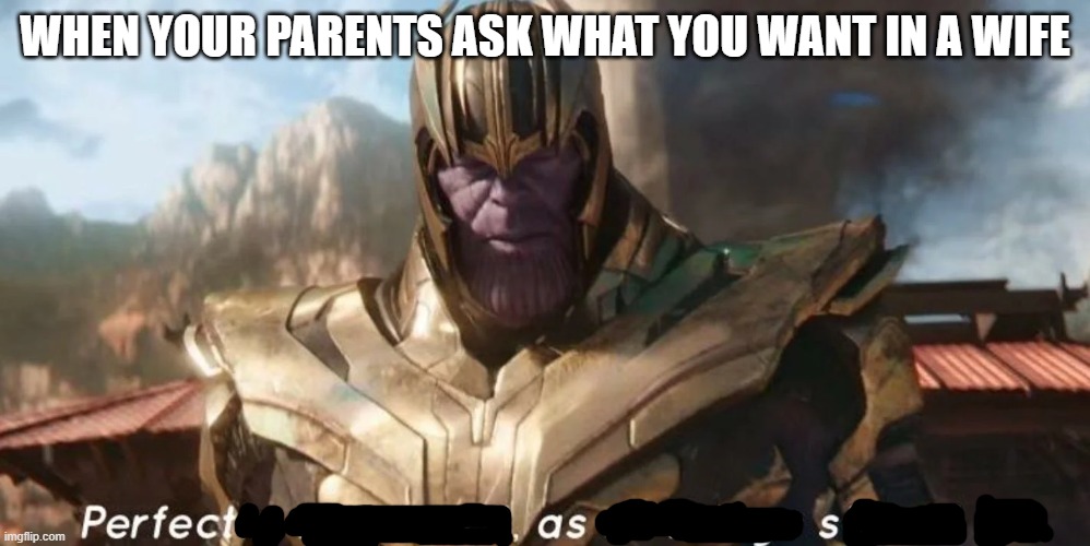 Perfectly Balanced | WHEN YOUR PARENTS ASK WHAT YOU WANT IN A WIFE | image tagged in thanos perfectly balanced as all things should be | made w/ Imgflip meme maker