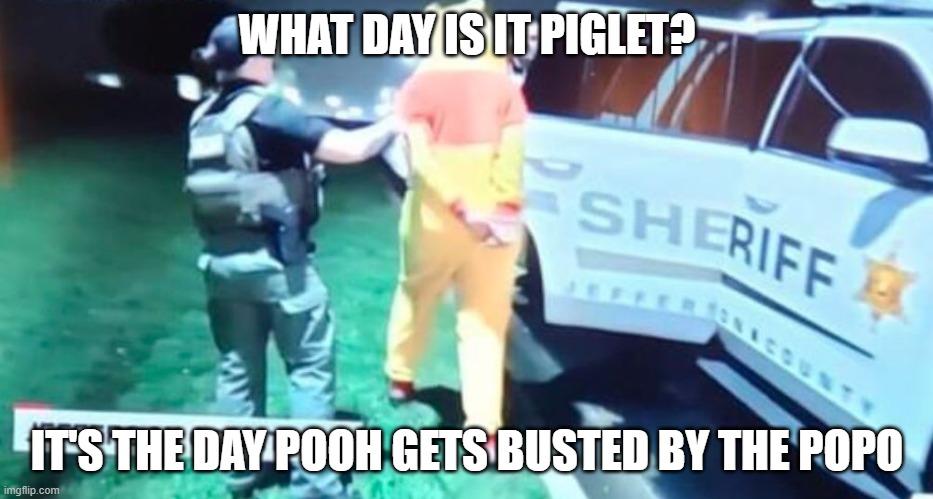 Pooh gets busted | WHAT DAY IS IT PIGLET? IT'S THE DAY POOH GETS BUSTED BY THE POPO | image tagged in winnie the pooh | made w/ Imgflip meme maker