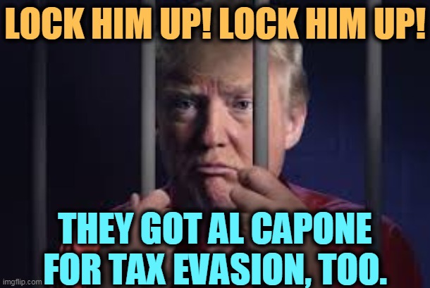 Why do so many Republicans go to jail? Because they're crooks, that's why. | LOCK HIM UP! LOCK HIM UP! THEY GOT AL CAPONE FOR TAX EVASION, TOO. | image tagged in donald trump tax cheat in jail lock him up,trump,career,criminal,tax,cheat | made w/ Imgflip meme maker
