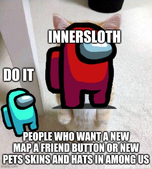 Cute Cat | INNERSLOTH; DO IT; PEOPLE WHO WANT A NEW MAP A FRIEND BUTTON OR NEW PETS SKINS AND HATS IN AMONG US | image tagged in memes,cute cat | made w/ Imgflip meme maker