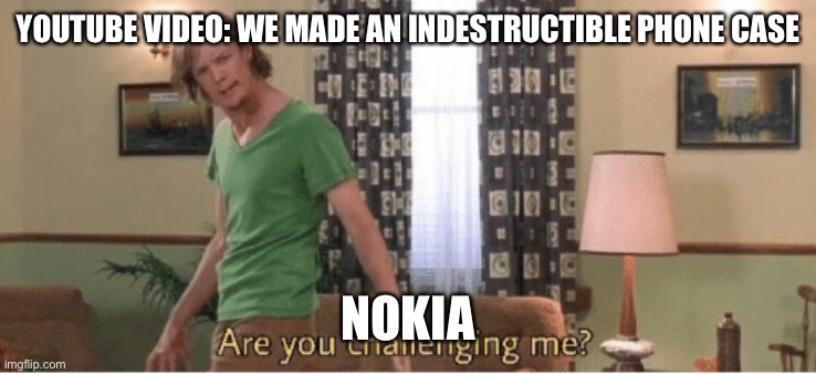 are you challenging me | YOUTUBE VIDEO: WE MADE AN INDESTRUCTIBLE PHONE CASE; NOKIA | image tagged in are you challenging me | made w/ Imgflip meme maker